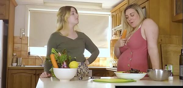 Curvy hairy lesbian and busty plumper fuck in the kitchen